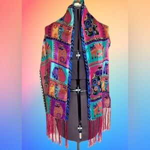 Laurel Burch Feline Cat Silk Scarf 53x11 Vintage